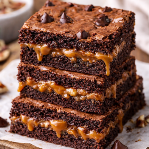 Stacked caramel brownies with thick fudgy chocolate layers and a gooey caramel center, a caramel brownies recipe hero image for KitchenDreaming.com. BLOG IMAGE 2