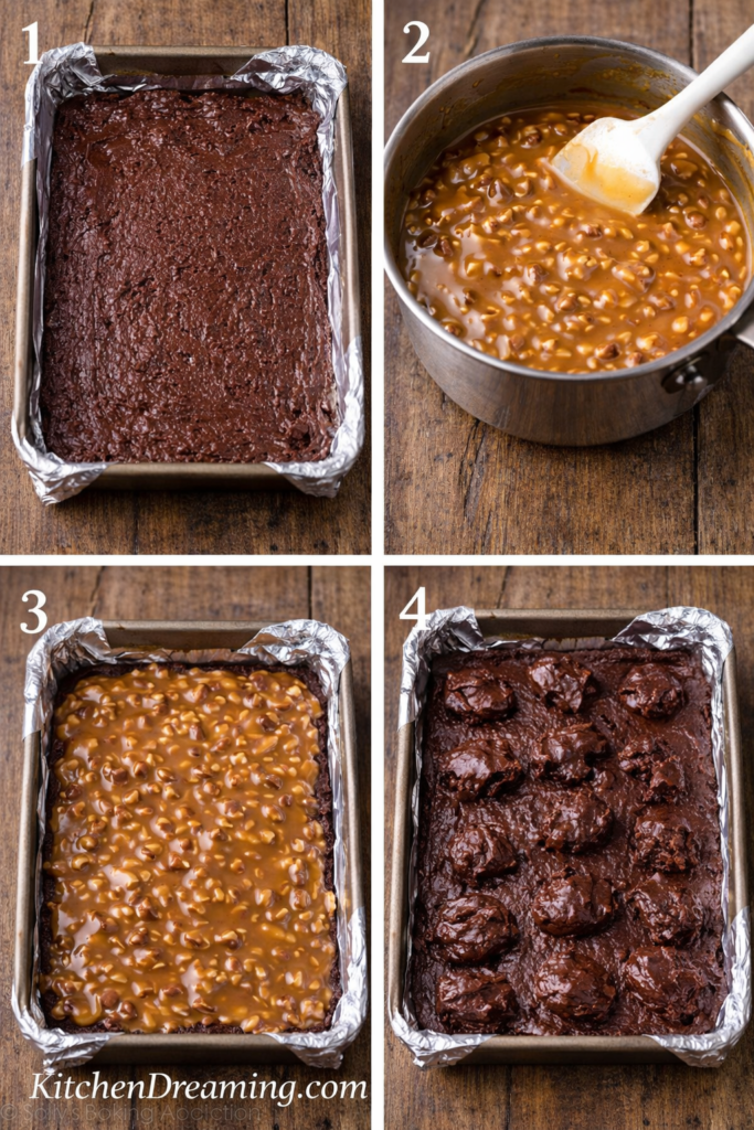 Caramel Brownies (No Fail Gooey Layers Every Time) 2 Four-step collage showing how to make caramel brownies with layered brownie batter and caramel filling, caramel brownies recipe process image for KitchenDreaming.com.