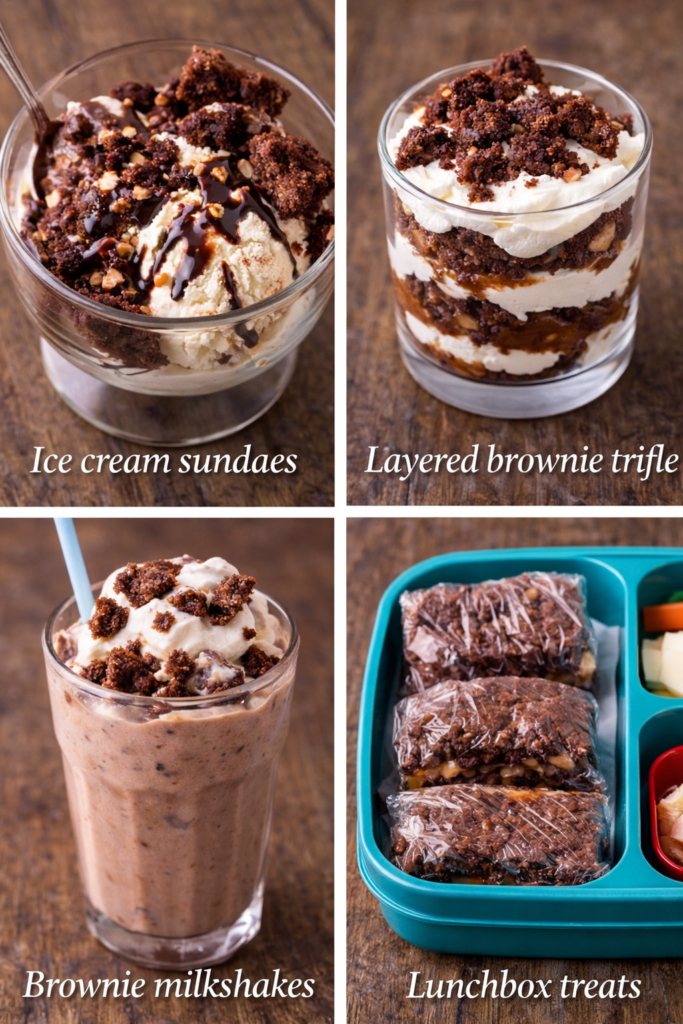 Caramel Brownies (No Fail Gooey Layers Every Time) 4 Collage of leftover caramel brownies repurposed into sundaes, brownie trifle, brownie milkshake, and lunchbox treats, caramel brownies ideas from KitchenDreaming.com.