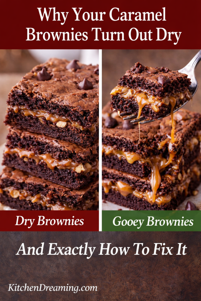 Caramel Brownies (No Fail Gooey Layers Every Time) 8 Split-image pin showing dry caramel brownies versus gooey caramel brownies with a caramel pull, troubleshooting caramel brownies and how to fix dry brownies.