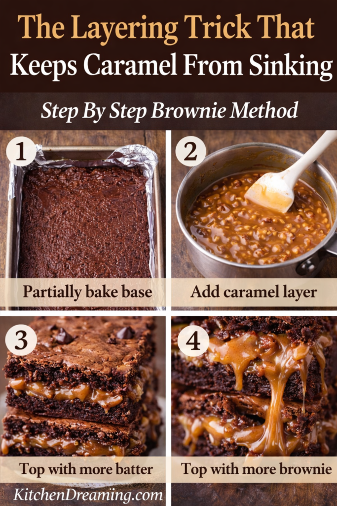 Caramel Brownies (No Fail Gooey Layers Every Time) 9 Step-by-step collage showing how to make caramel brownies with a partially baked base, caramel layer, and top brownie batter for defined layers.