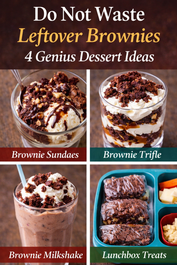 Caramel Brownies (No Fail Gooey Layers Every Time) 12 Collage of leftover caramel brownies repurposed into brownie sundae, brownie trifle, brownie milkshake, and lunchbox treats, leftover brownies ideas.