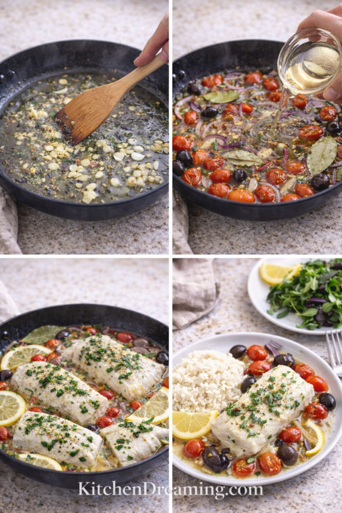 Mediterranean Poached Cod - A High Protein Low Calorie Dinner 3 Step-by-step process of cooking Mediterranean Poached Cod in a skillet.