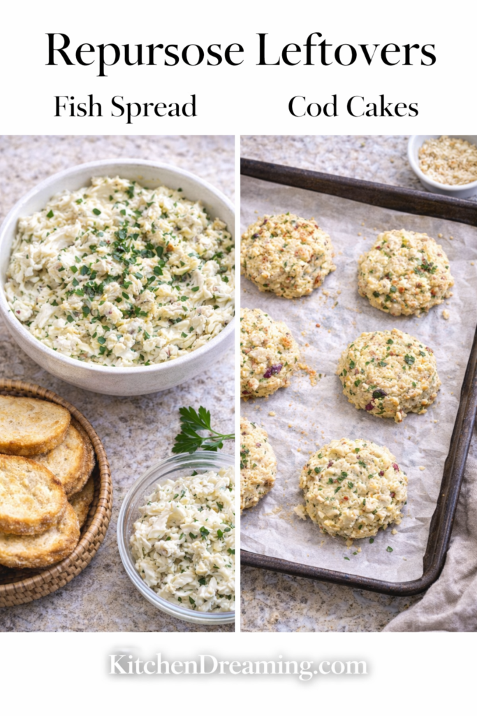 Mediterranean Poached Cod - A High Protein Low Calorie Dinner 5 Leftover Mediterranean Poached Cod repurposed into fish spread and cod cakes.