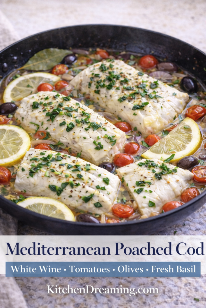 Mediterranean Poached Cod - A High Protein Low Calorie Dinner 9 Mediterranean Poached Cod cooked in a white wine skillet with tomatoes and olives.