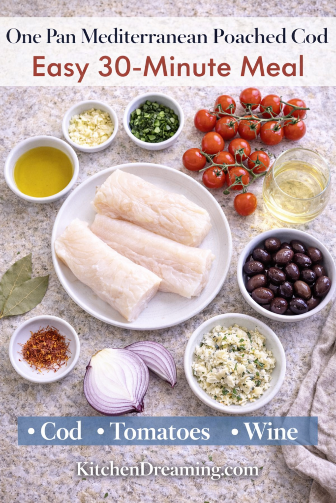 Mediterranean Poached Cod - A High Protein Low Calorie Dinner 10 Ingredients for Mediterranean Poached Cod arranged overhead with cod, wine, tomatoes, and olives.