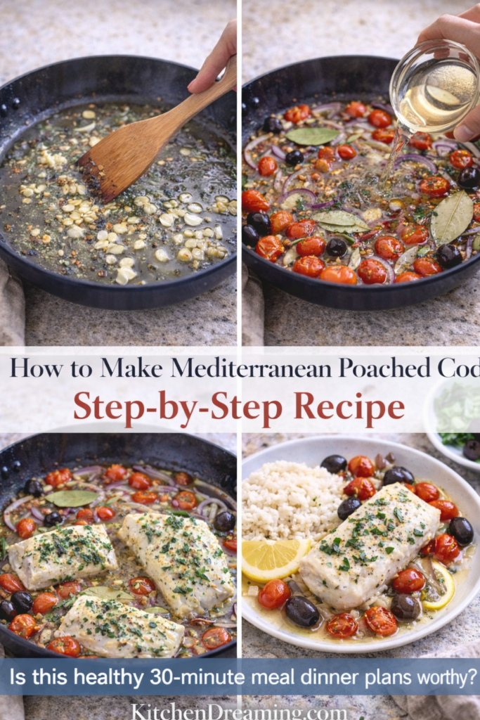 Mediterranean Poached Cod - A High Protein Low Calorie Dinner 11 Step-by-step process of cooking Mediterranean Poached Cod in a skillet.
