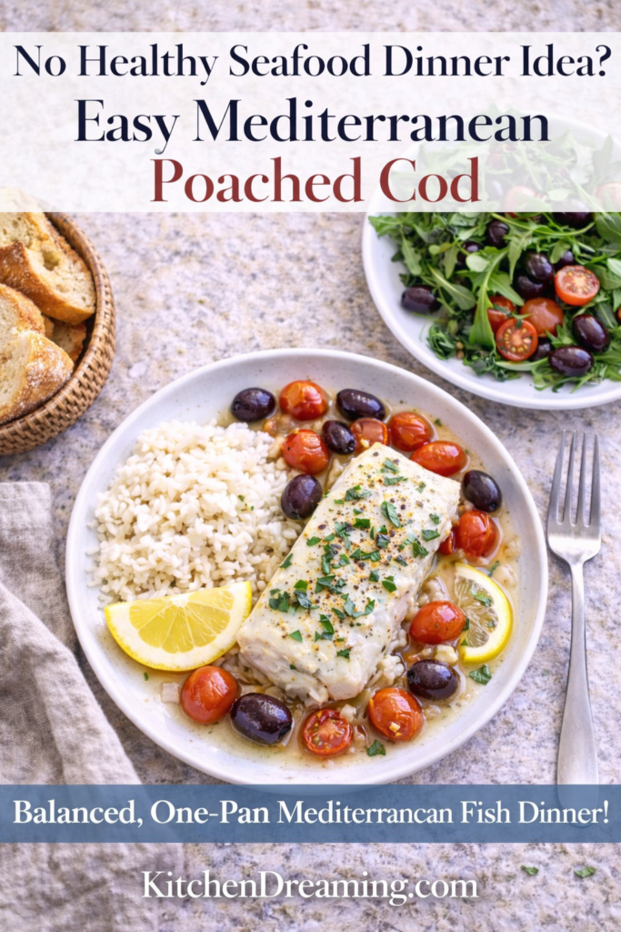 Mediterranean Poached Cod - A High Protein Low Calorie Dinner 12 Plated Mediterranean Poached Cod with rice, lemon, olives, and cherry tomatoes.