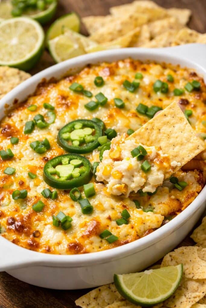 A bubbling dish of hot jalapeño corn dip topped with melted cheese, sliced jalapeños, and green onions, served with tortilla chips as an easy baked jalapeño corn dip appetizer.