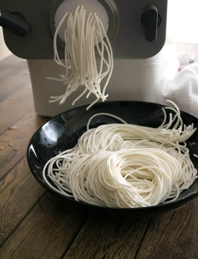 a photo of rice noodles being extruded from the pasta maker