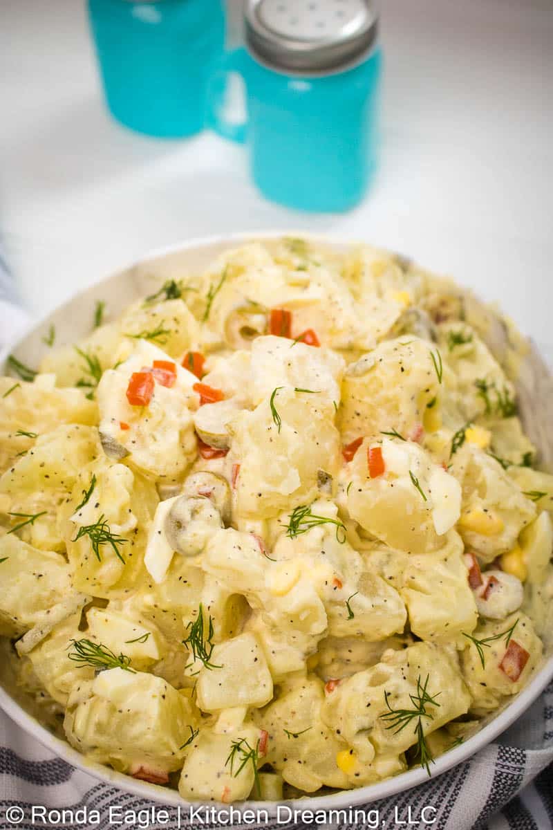 Easy! Creamy Potato Salad with  Olives, Dill Pickles, & Eggs