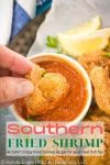 A Pinterest pin image of golden Southern Fried Shrimp.