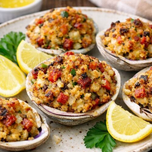 New England stuffed clams (stuffed quahogs) with chouriço and buttery breadcrumbs, baked until golden and served with lemon wedges.
