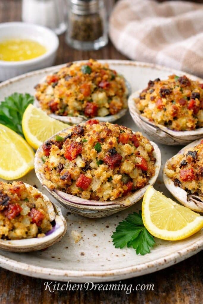 New England stuffed clams (stuffed quahogs) with chouriço and buttery breadcrumbs, baked until golden and served with lemon wedges.