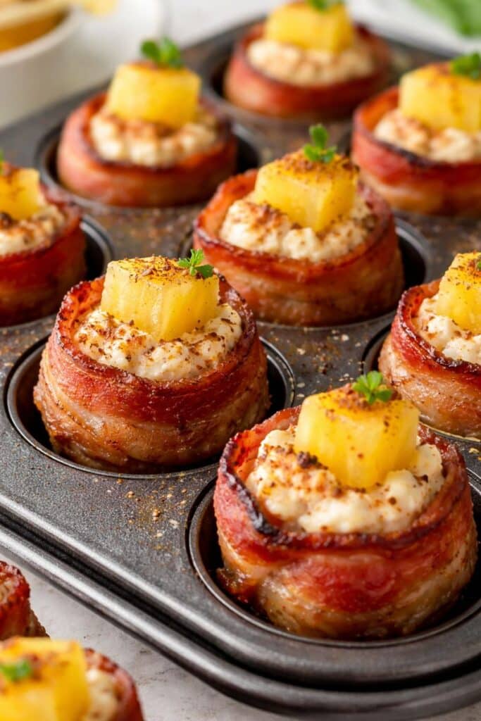 Bacon wrapped pineapple chicken shots arranged on a platter with caramelized pineapple and crisp bacon.