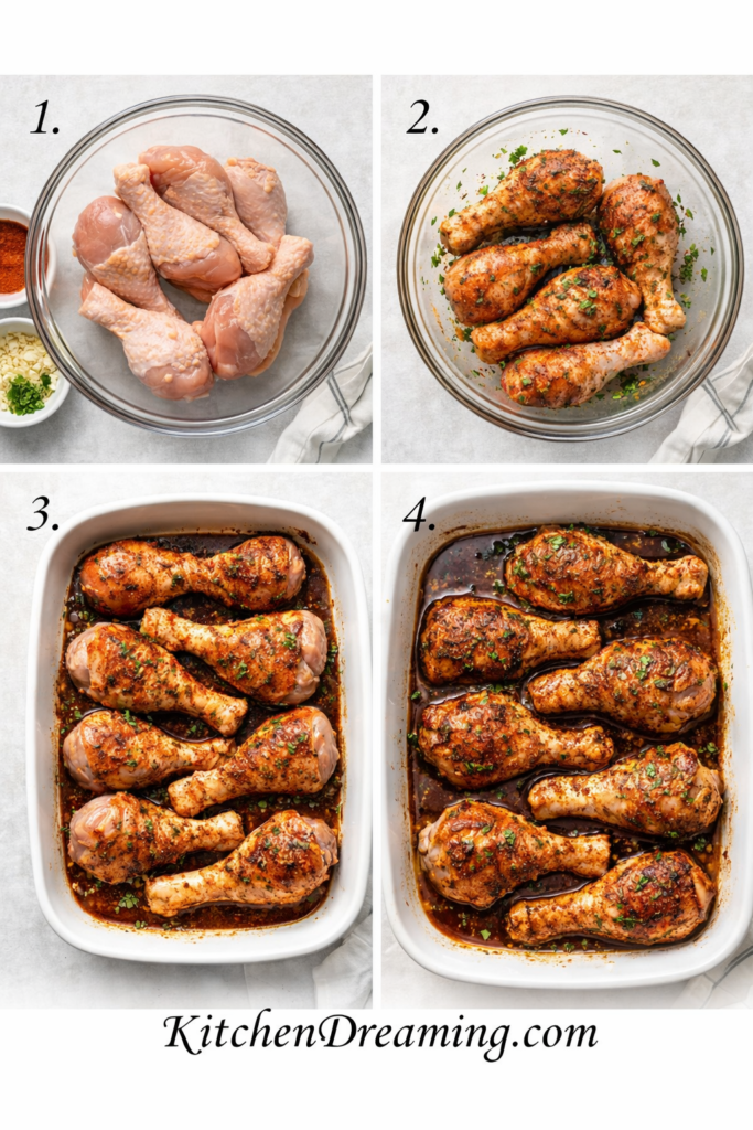 Baked Garlic Paprika Chicken (No Fail Juicy Oven Method) 2 Four step collage showing how to make baked garlic paprika chicken drumsticks from raw to seasoned to baked in the oven.