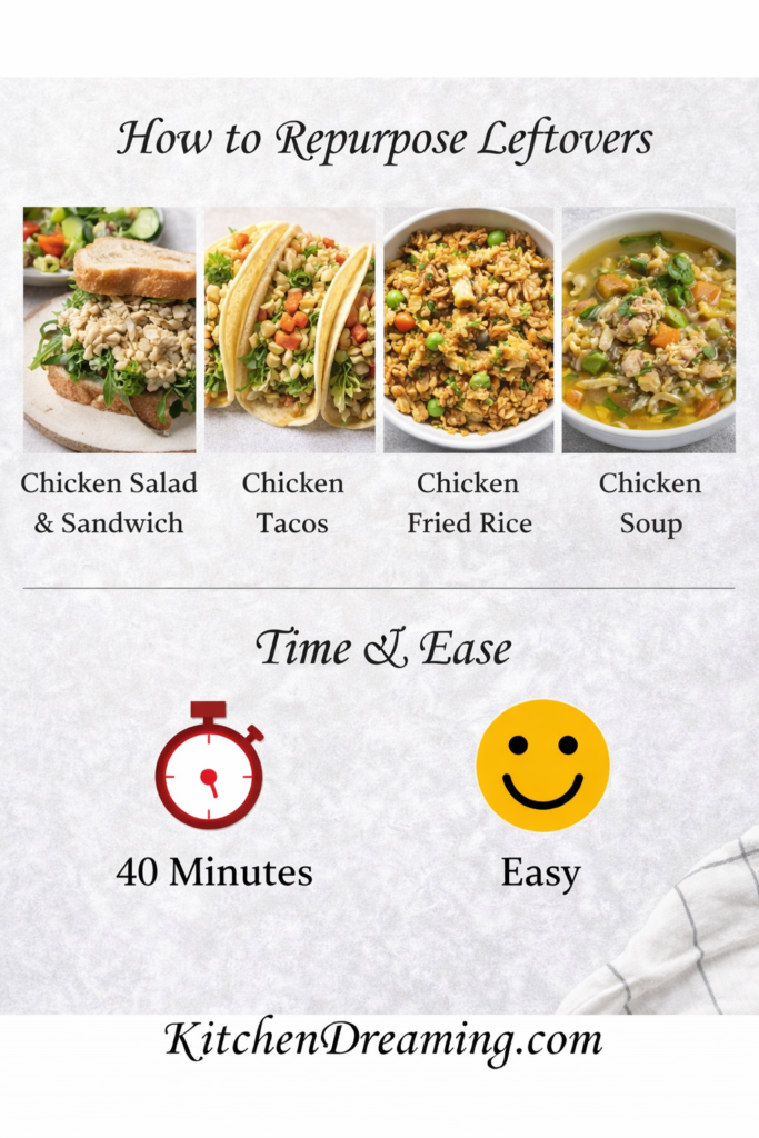 Baked Garlic Paprika Chicken (No Fail Juicy Oven Method) 4 Graphic showing leftover ideas for baked garlic paprika chicken, including chicken salad, tacos, fried rice, and soup, plus time and ease.