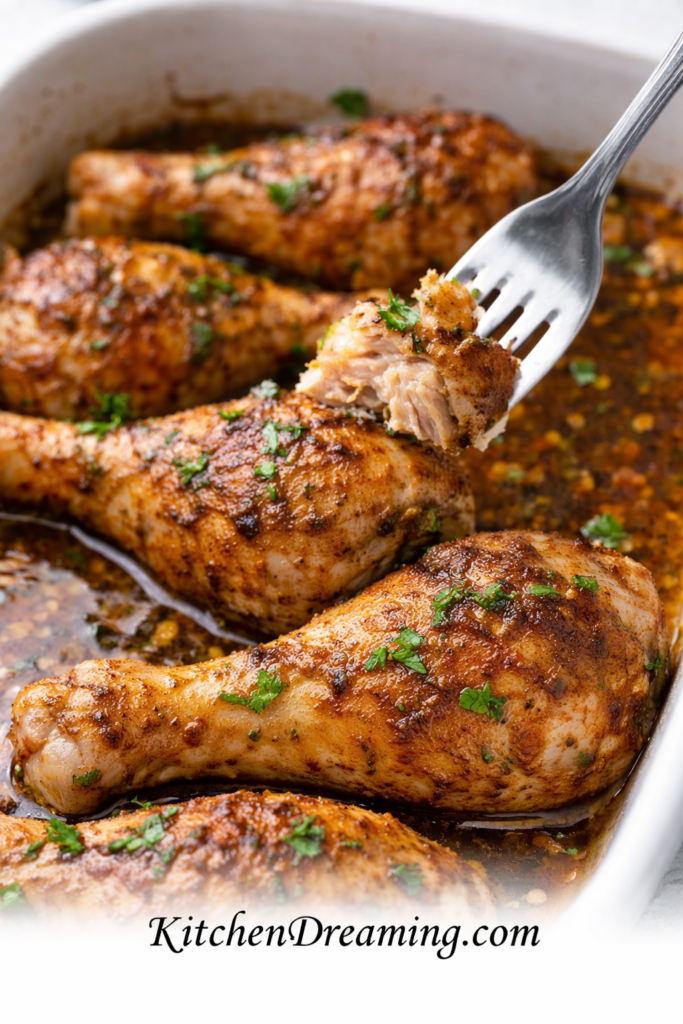 Baked Garlic Paprika Chicken (No Fail Juicy Oven Method) 5 Fork bite close up of juicy baked garlic paprika chicken drumstick with paprika garlic seasoning and parsley in a baking dish.