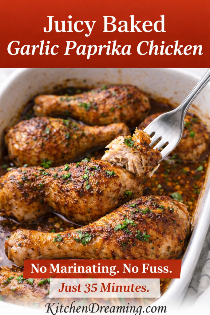 Baked Garlic Paprika Chicken (No Fail Juicy Oven Method) 8 Baked garlic paprika chicken drumsticks in a white baking dish, juicy oven baked chicken legs with parsley and garlic paprika seasoning.