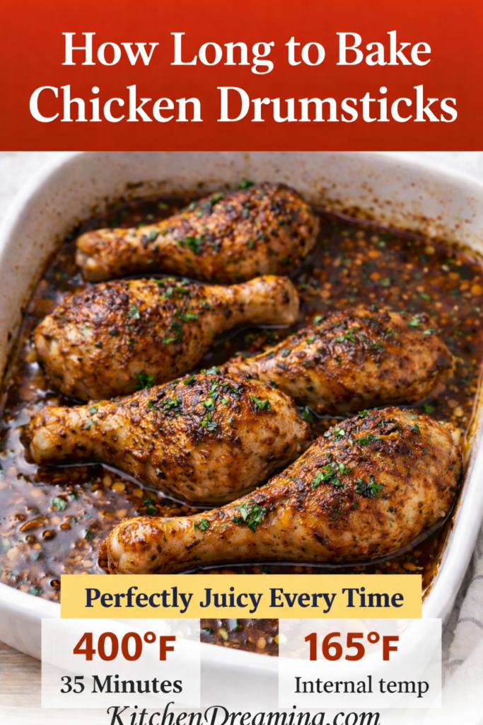 Baked Garlic Paprika Chicken (No Fail Juicy Oven Method) 9 Close up of baked garlic paprika chicken drumsticks with text about baking at 400 degrees for 35 minutes to 165 internal temperature.