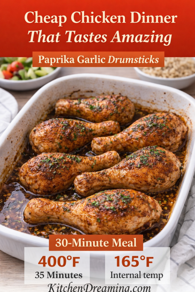 Baked Garlic Paprika Chicken (No Fail Juicy Oven Method) 10 Golden baked garlic paprika chicken drumsticks in a casserole dish, affordable oven baked chicken leg dinner.