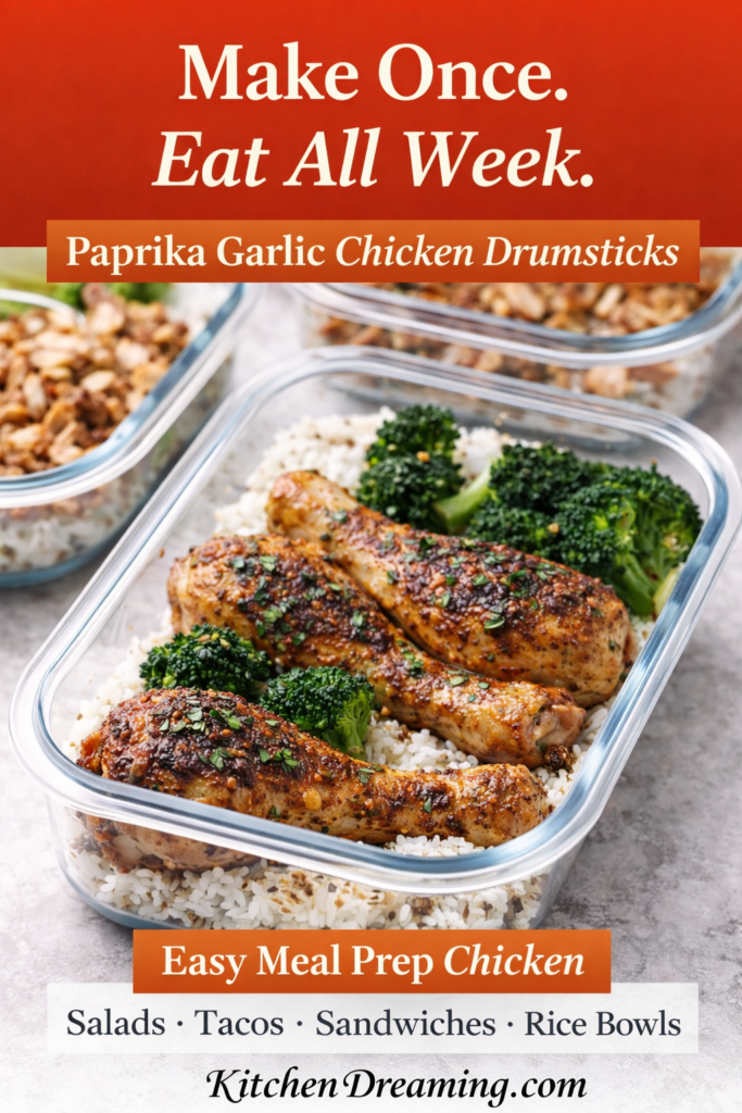 Baked Garlic Paprika Chicken (No Fail Juicy Oven Method) 11 Meal prep containers with baked garlic paprika chicken drumsticks over rice and vegetables for easy weekly lunches.