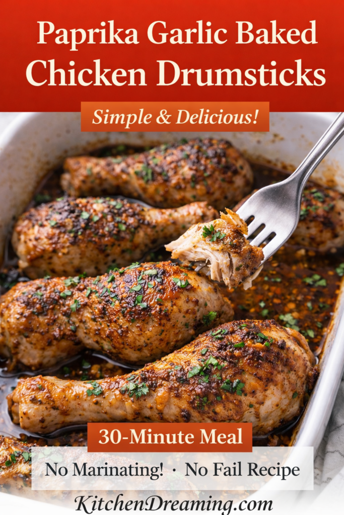 Baked Garlic Paprika Chicken (No Fail Juicy Oven Method) 12 Fork close up of juicy baked garlic paprika chicken drumstick with visible tender texture and paprika seasoning.