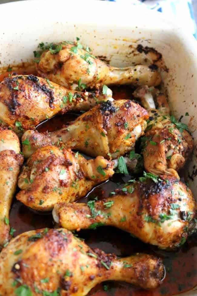 Cooked garlic-paprika chicken in a casserole pan