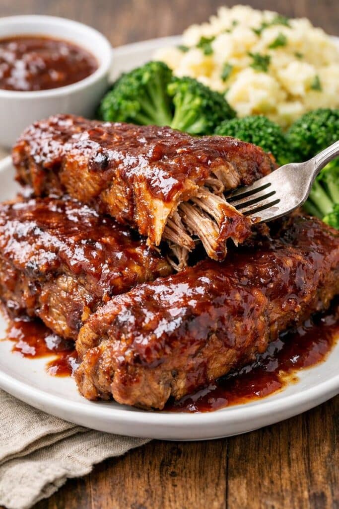 Fall-off-the-bone Instant Pot country pork ribs with BBQ sauce on a plate