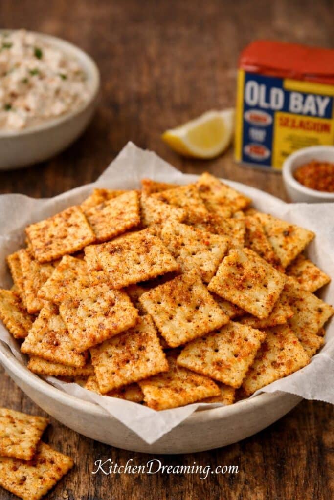 owl of Old Bay seasoned crackers made with seasoned saltines, baked until crispy, with KitchenDreaming.com watermark.