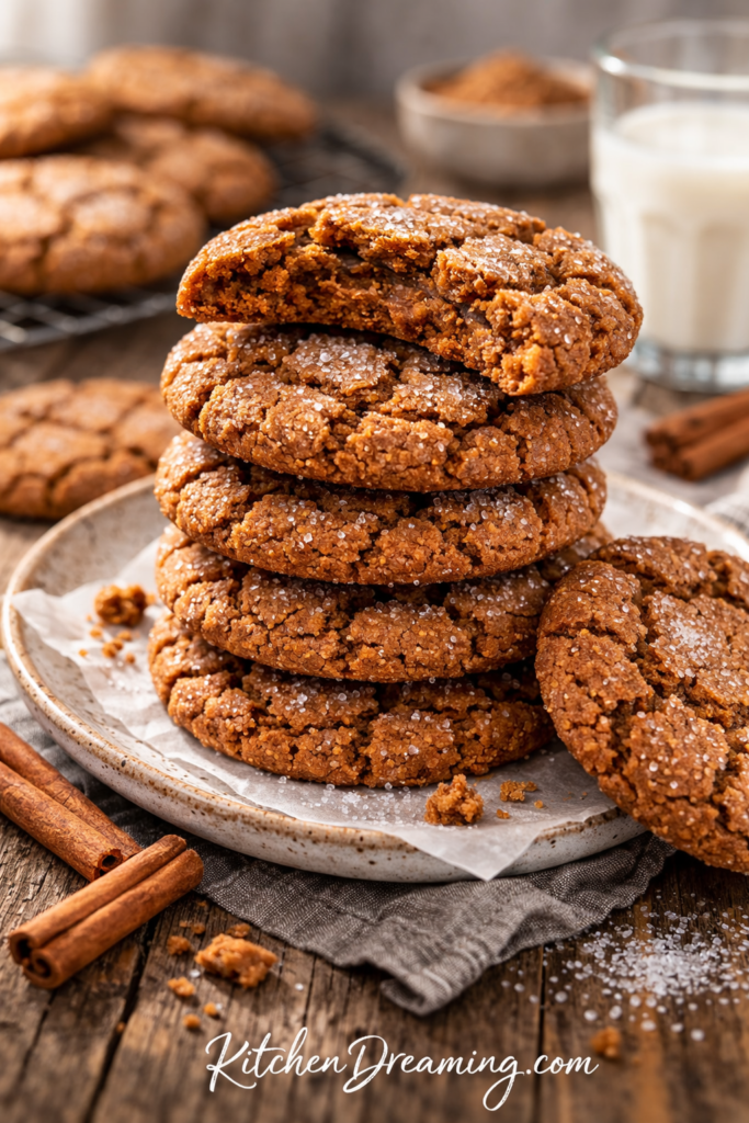 stacked chewy gingersnap cookies with crackled tops and sugar crystals.
