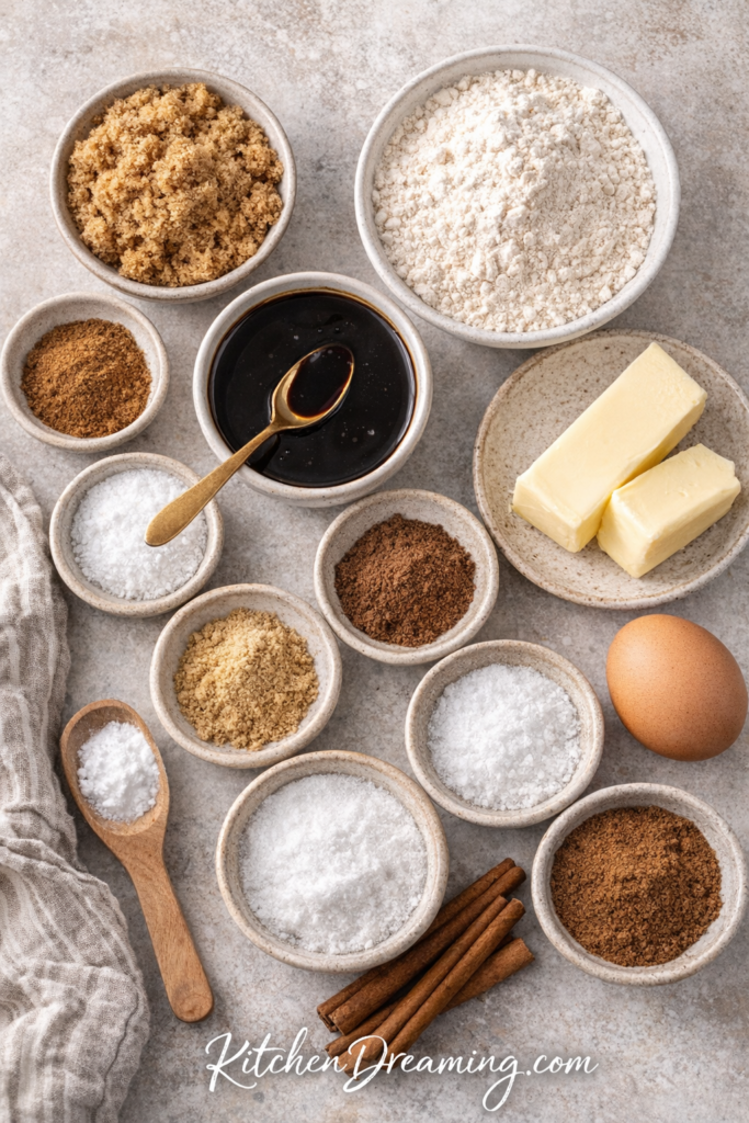 Chewy Gingersnap Cookies Recipe with Soft Centers 2 ingredient flat lay with flour, molasses, butter, sugar, egg, and spices.
