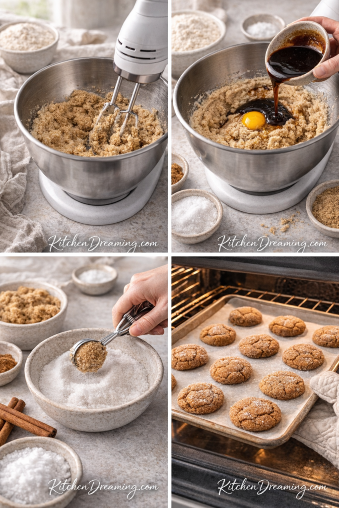 Chewy Gingersnap Cookies Recipe with Soft Centers 3 step-by-step collage showing mixing, rolling in sugar, and baking.