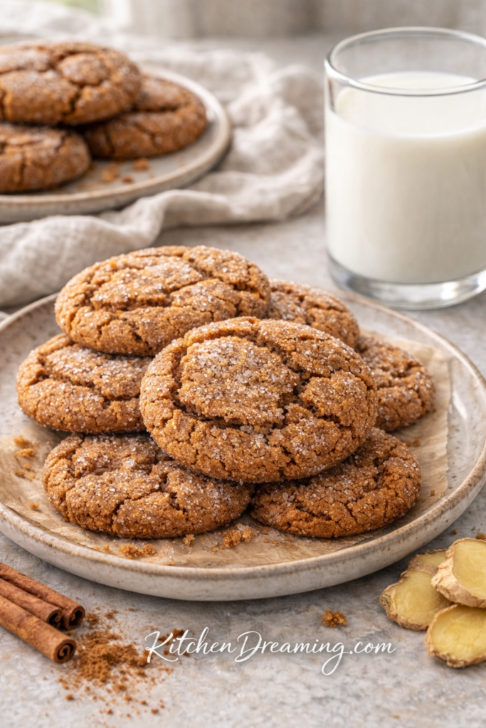 Chewy Gingersnap Cookies Recipe with Soft Centers 4 chewy gingersnap cookies plated with a glass of milk.