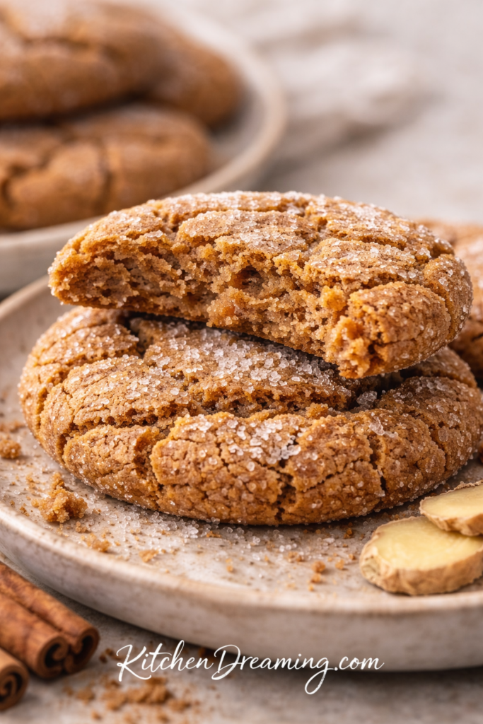 Chewy Gingersnap Cookies Recipe with Soft Centers 6 Close-up of a broken chewy gingersnap cookie showing a soft center.