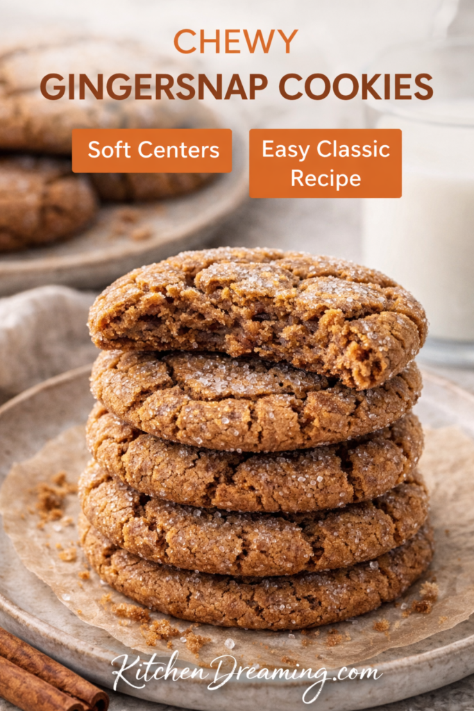 Chewy Gingersnap Cookies Recipe with Soft Centers 9 chewy gingersnap cookies with soft centers and easy classic recipe text.