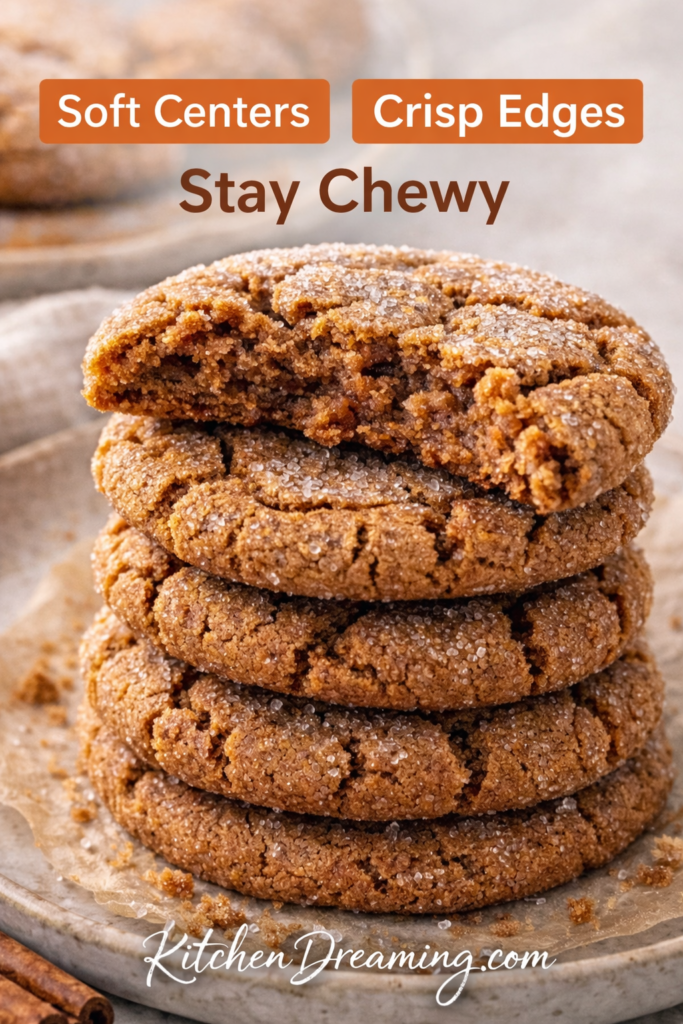Chewy Gingersnap Cookies Recipe with Soft Centers 10 soft center chewy gingersnap cookies with crisp edges and stay chewy text.