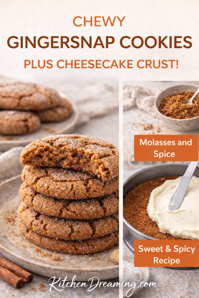 Chewy Gingersnap Cookies Recipe with Soft Centers 12 chewy gingersnap cookies plus cheesecake crust with molasses and spice text.