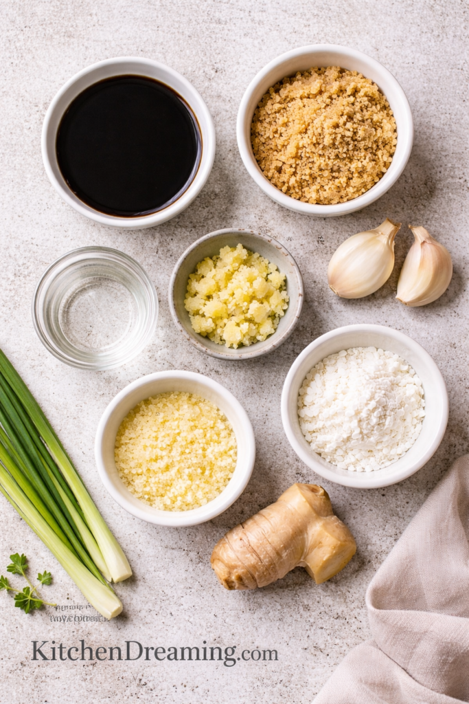 Easy Homemade Teriyaki Sauce Recipe (Simple, Sweet, Ready in 10 Minutes) 2 ingredients for homemade teriyaki sauce arranged in overhead flat lay.