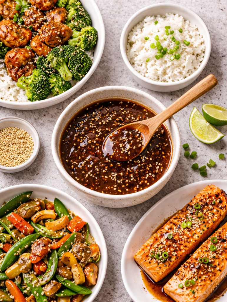 Easy Homemade Teriyaki Sauce Recipe (Simple, Sweet, Ready in 10 Minutes) 4 homemade teriyaki sauce served with rice salmon and vegetables.