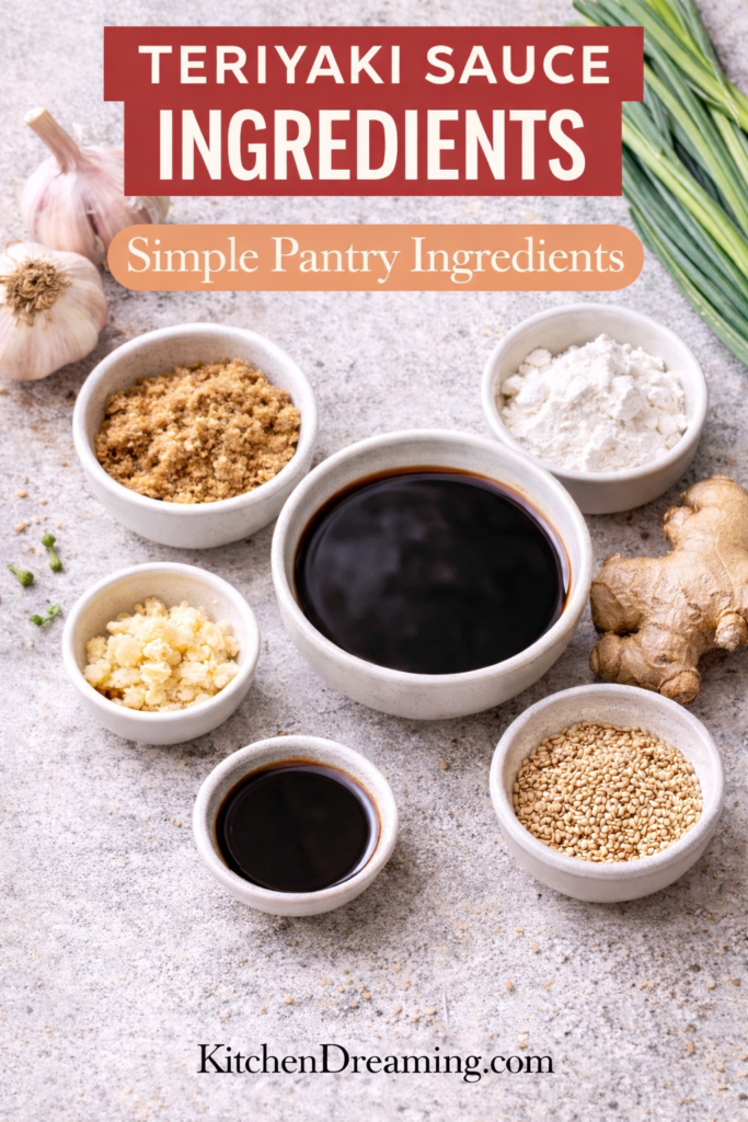 Easy Homemade Teriyaki Sauce Recipe (Simple, Sweet, Ready in 10 Minutes) 10 ingredients for homemade teriyaki sauce in overhead flat lay.