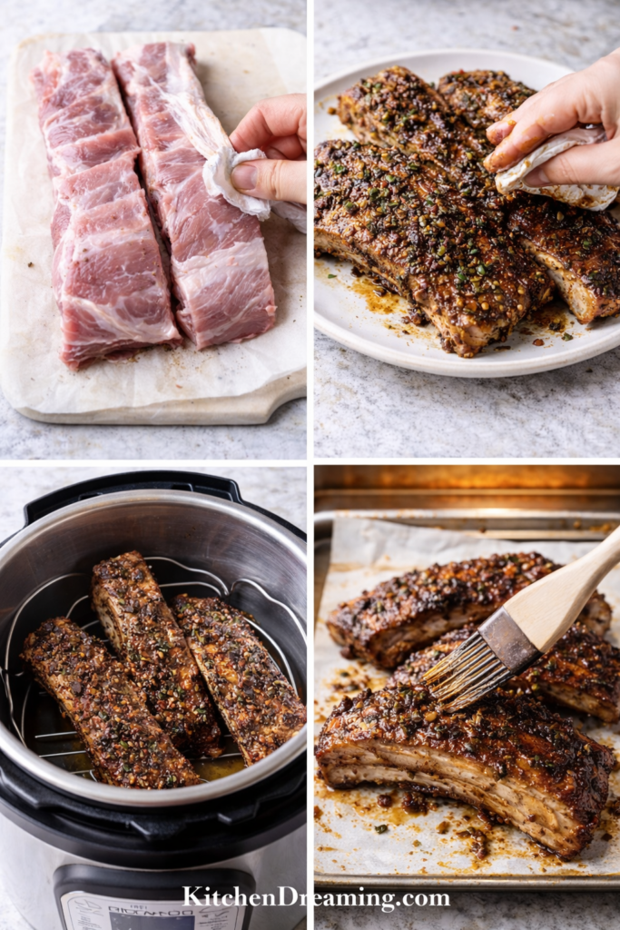 Instant Pot Jamaican Jerk Pork Ribs (Tender and Spicy) 3 Jamaican Jerk Pork Ribs, collage showing seasoning, Instant Pot cooking, and broiled finish.
