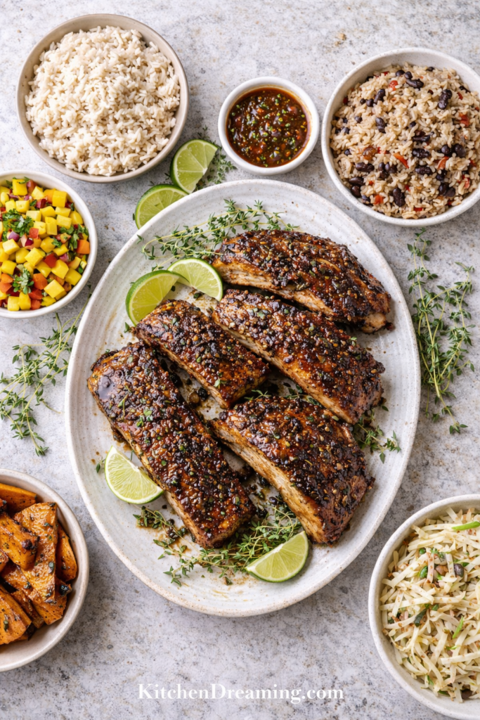 Instant Pot Jamaican Jerk Pork Ribs (Tender and Spicy) 4 Jamaican Jerk Pork Ribs, plated overhead with coconut rice, mango salsa, and slaw.