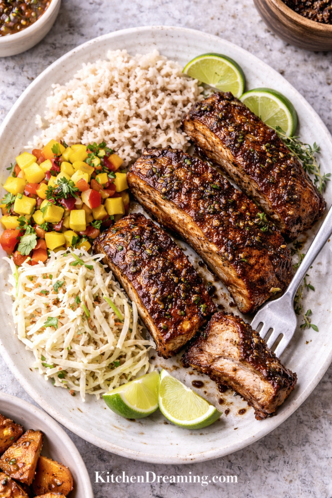 Instant Pot Jamaican Jerk Pork Ribs (Tender and Spicy) 6 Jamaican Jerk Pork Ribs, overhead plate with fork and Caribbean sides.