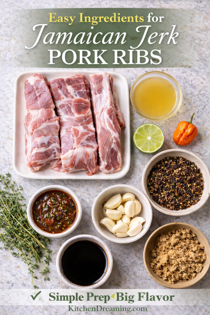 Instant Pot Jamaican Jerk Pork Ribs (Tender and Spicy) 10 Jamaican Jerk Pork Ribs, overhead ingredients for jerk seasoning, lime, thyme, and ribs.