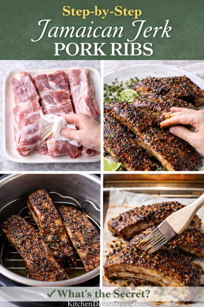 Instant Pot Jamaican Jerk Pork Ribs (Tender and Spicy) 11 Jamaican Jerk Pork Ribs, step-by-step collage with seasoning, Instant Pot cooking, and broiling.