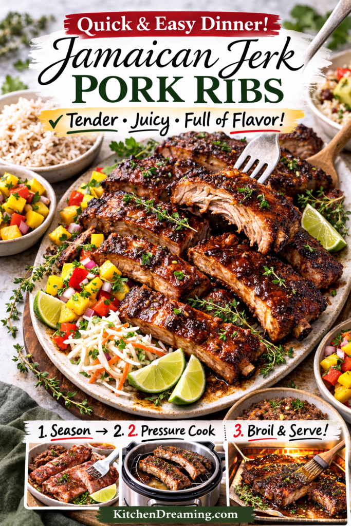 Instant Pot Jamaican Jerk Pork Ribs (Tender and Spicy) 12 Jamaican Jerk Pork Ribs, plated meal with coconut rice, mango salsa, and coleslaw.
