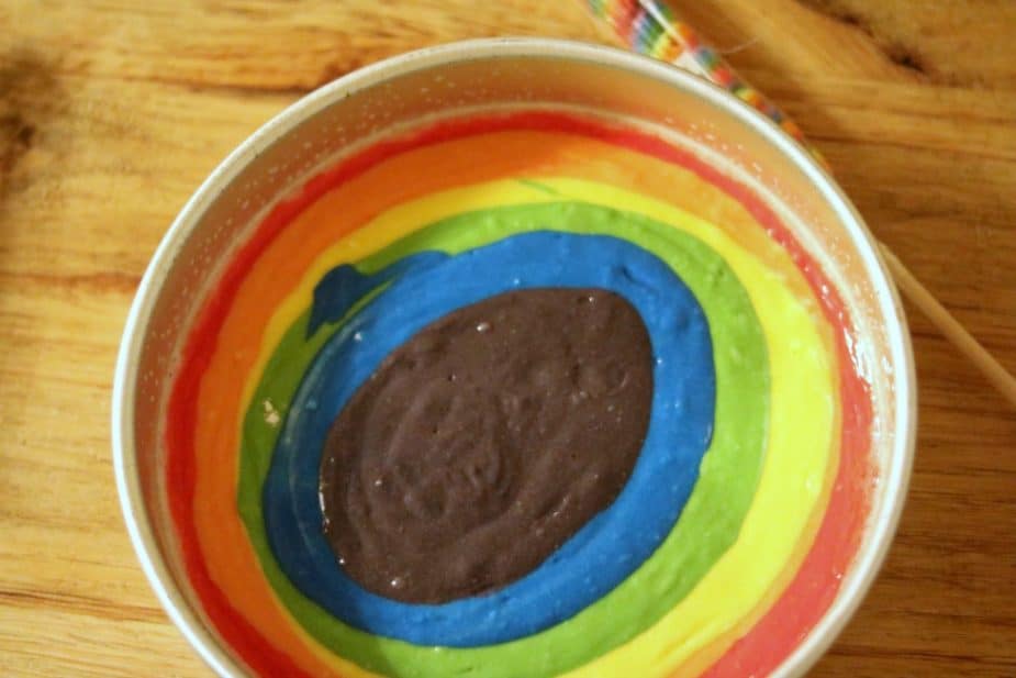 Rainbow cake batter in the pan. 