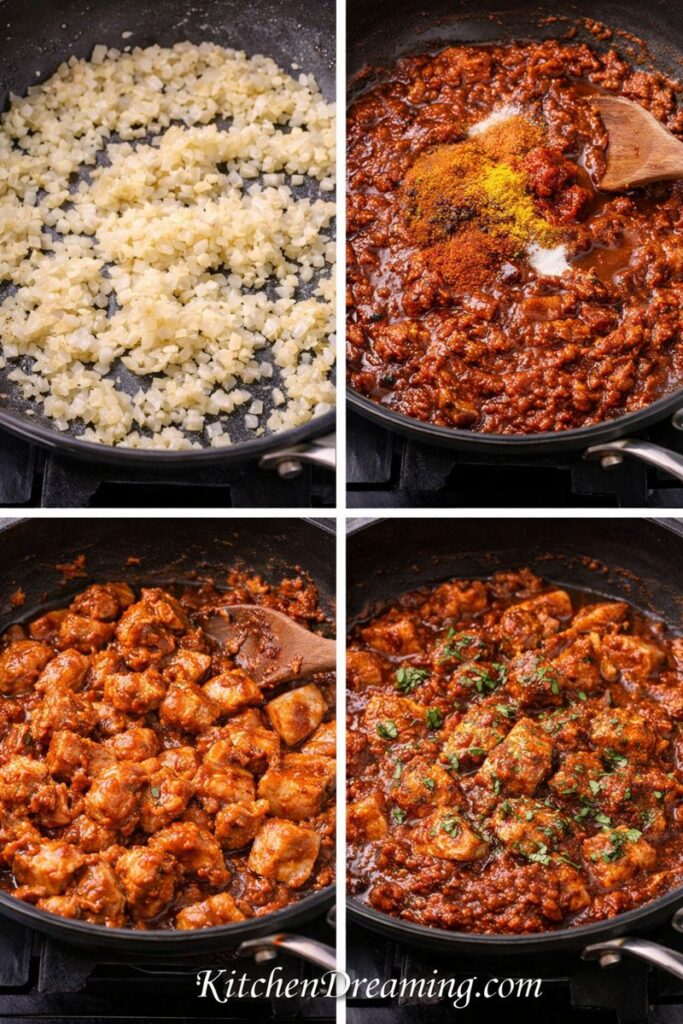 How to make chicken vindaloo, a 4-step collage showing an easy chicken vindaloo recipe from sautéing aromatics to simmering the curry.