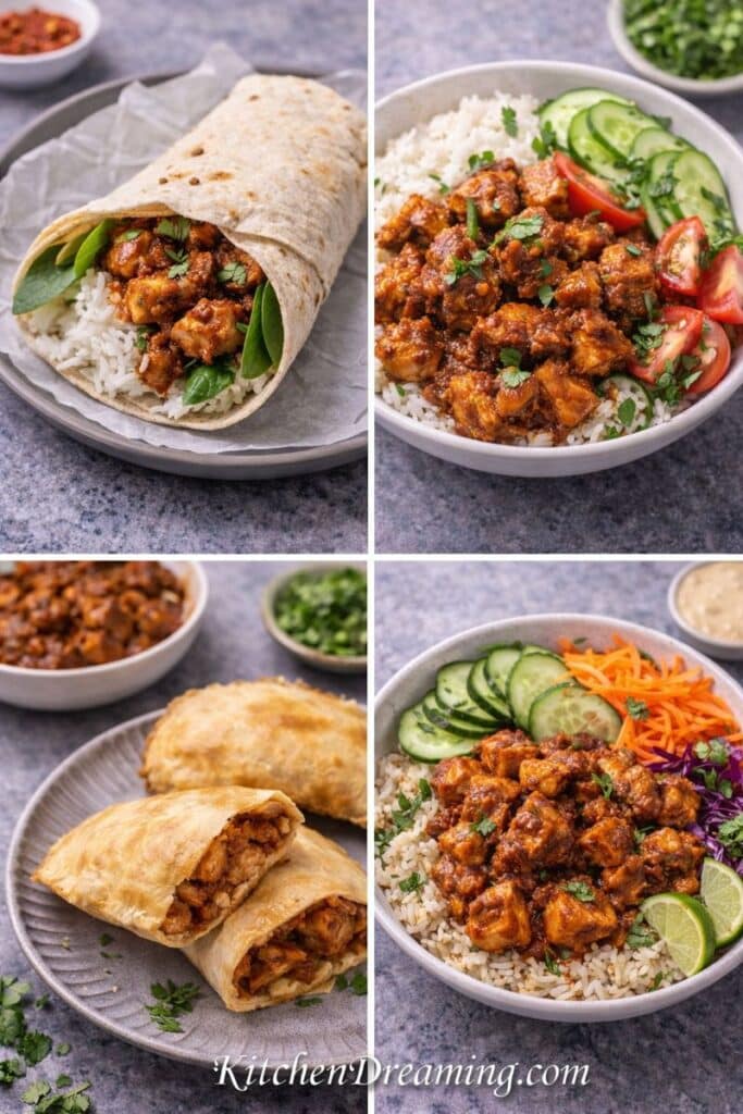 Leftover chicken vindaloo ideas showing ways to repurpose an easy chicken vindaloo recipe into wraps and bowls for quick weeknight meals.